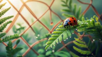 Ladybug on Fern Leaf with Dew Drops photo