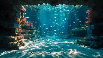 Underwater City Ruins with Fish Swimming in Blue Ocean photo