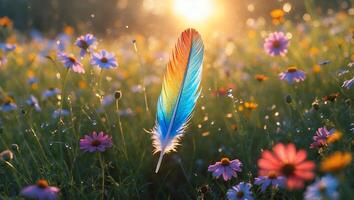 Colorful Feather in Flower Meadow photo