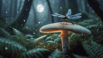 Dragonfly on Mushroom in Forest Under Moonlight photo