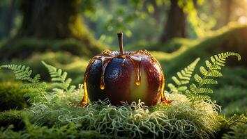 Caramel Apple in Forest on Moss and Ferns photo