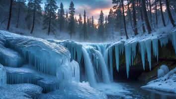 Winter Waterfall with Icicles in Snowy Forest Landscape photo