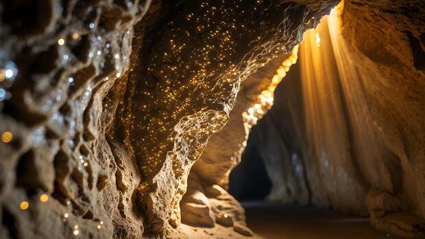 Cave Illuminated by Glow Worms and Light Shafts photo