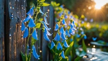 Bluebell Flower Near Wood Fence in Sunny Garden photo