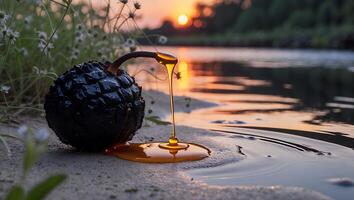 Black Fruit Honey Flow Near Lake at Sunset photo