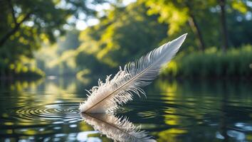Feather Floating on Water Surrounded by Green Trees photo