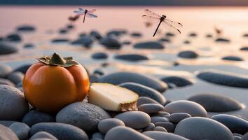 Persimmon and Cheese with Dragonflies on a Pebble Beach at Sunset photo