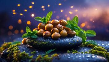 Pile of Nuts and Mint on Stone with Dreamy Background photo