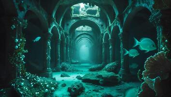 Underwater Ancient Ruins with Fish and Coral Reef photo