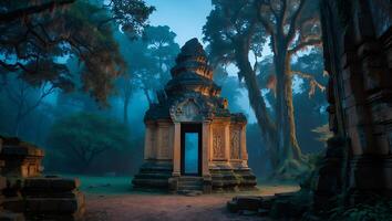 Ancient Temple in Misty Forest Landscape photo