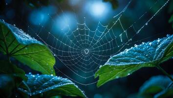 Spiderweb on Leaf with Droplets in Dark Environment photo