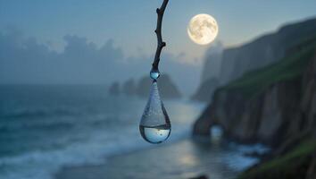 Water Drop on Branch at Night Near the Ocean photo