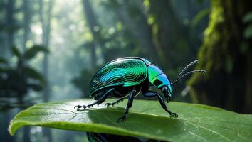 Shiny Jewel Beetle on Green Leaf in Forest photo