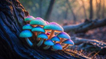 Colorful Mushrooms on Log in Forest photo