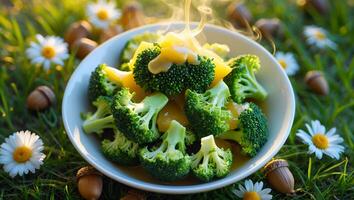Broccoli Salad with Dressing on a Meadow photo
