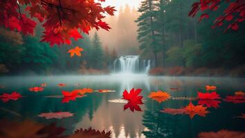Autumn Leaves Floating in Forest Lake with Waterfall photo
