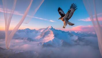 Eagle Flying Over Snowy Mountain Peaks Viewed From Canopy photo