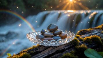 River Stones in Glass Dish by Waterfall and Sun photo