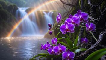 Purple Orchid Near Waterfall with Rainbow photo