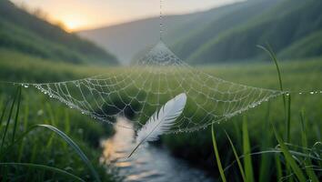 Feather on Dewy Cobweb in Grassy Field photo