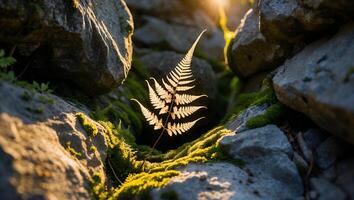 Fern Grows Between Rocks with Moss in Sunlight photo