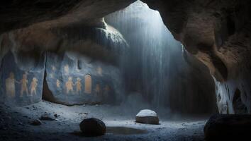 Cave Wall Drawings with Waterfall Sunlight and Rocks photo
