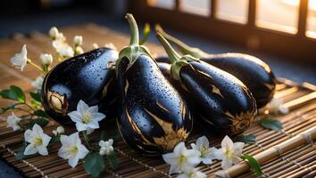 Eggplant Still Life with White Flowers on Bamboo Mat photo