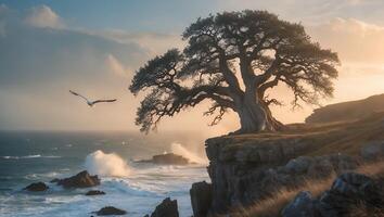 Lone Tree on Cliff Overlooking Ocean with Bird photo
