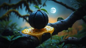Fruit with Yellow Liquid on Branch Under Moonlight photo