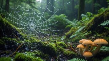 Spider Web and Mushroom in Forest photo