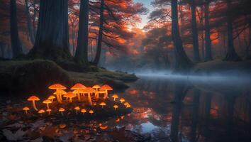 Glowing Mushrooms in Forest Lake with Autumn Colors photo