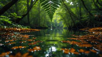 Fern Leaf Dripping Water Into Forest Stream with Fallen Leaves photo