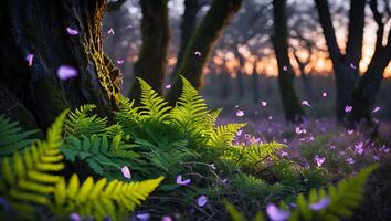 Ferns and Purple Flowers in Sunlit Forest photo