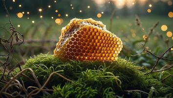 Honeycomb on Moss with Bokeh Lights photo