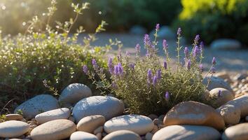Lavender Plant Surrounded by Rocks in Garden Setting photo