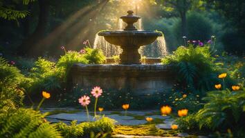 Stone Fountain in Forest Garden with Flowers and Sunlight photo