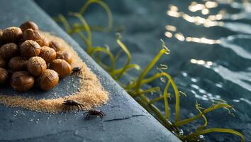 A pile of nuts on a ledge next to water photo