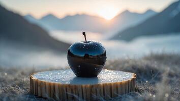 Black Apple with Water Droplets on Wooden Base at Sunrise photo