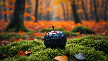 Dark Apple in Forest on Moss with Orange Leaves photo