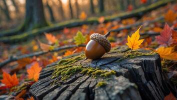 Acorn and Autumn Leaf on Mossy Stump in Forest photo