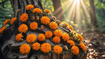 Orange Flowers and Acorns on Tree Trunk in Forest photo