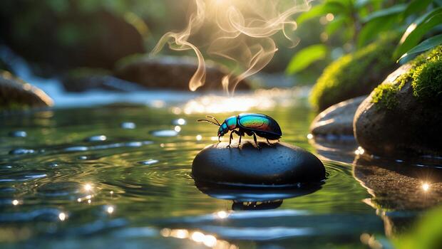 Iridescent Beetle Rests on Stone in a Stream Nature photo