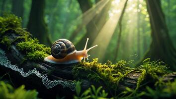 Snail Crawling on Moss Covered Log in Sunlit Forest photo