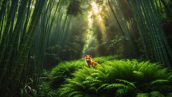 Fox in Bamboo Forest with Ferns and Sunlight photo