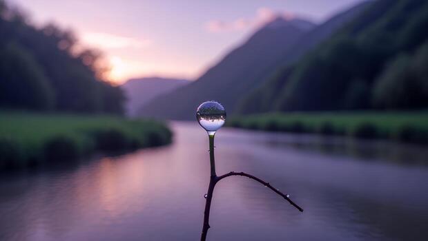 Water Drop on Twig Reflecting Nature Landscape at Dusk photo