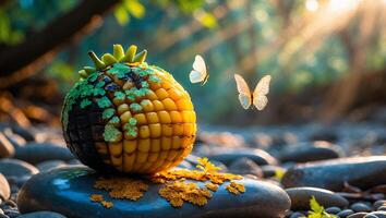 Fantasy Fruit on Stone in Forest with Butterflies photo