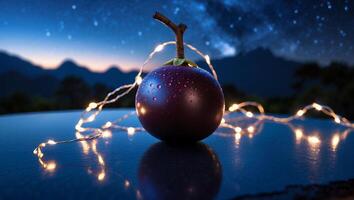 Purple Fruit with String Lights at Night photo