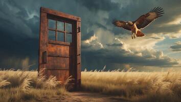 Open Door and Flying Hawk in Dreamy Field Landscape photo