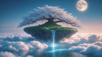 Floating Island with Waterfall and Tree in the Sky photo