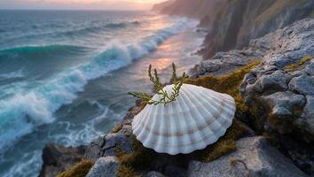 Seashell on Rocky Cliff Overlooking Ocean Waves at Sunset photo
